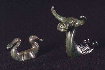 These carriage parts, which include ox- and bird-shaped bronze fittings, belonged to a ceremonial wagon found at Fredbjerg in western Himmerland, Jutland. Other wagons from Denmark’s Iron Age