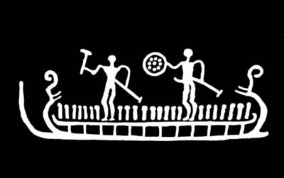 On the rock carving from Svenneby, Bohuslän in Sweden, people carrying circular objects can be seen. Is it a shield or a sun - or perhaps both of these? The Bronze Age shields