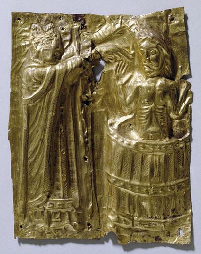 A small gilded copper relief from Tamdrup Church shows Harald Bluetooth’s baptism. The threat from the south?