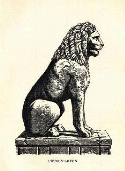 Illustration showing the twisting rune band on the lion's shoulder. Viking ”graffiti”