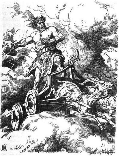Thor rides through the sky in his chariot drawn by the billy goats, Tanngnjóstr and Tanngrisnir, producing thunder and lightning with his hammer Mjöllnir. Illustration: Johannes Gehrts. The Viking gods